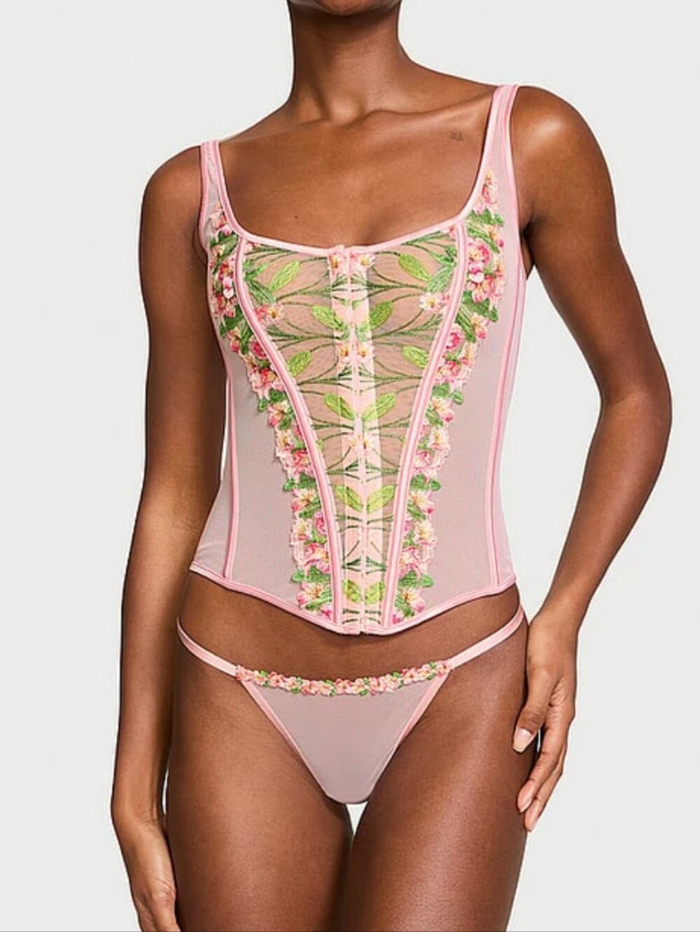 Victoria's Secret pink lily embroidered lace up corset set matching g string